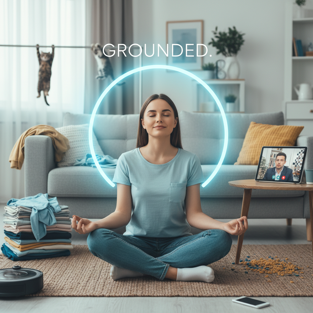 Visual guide to top daily grounding habits such as mindful breathing, connecting with nature, morning rituals, and digital detox, possibly showing a person practicing these activities.