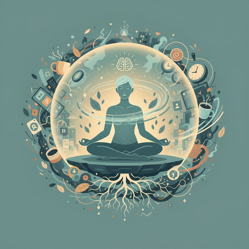 Expert tips for daily grounding showing healthy lifestyle elements like drinking water, nutritious meals, and restful sleep in a serene setting.