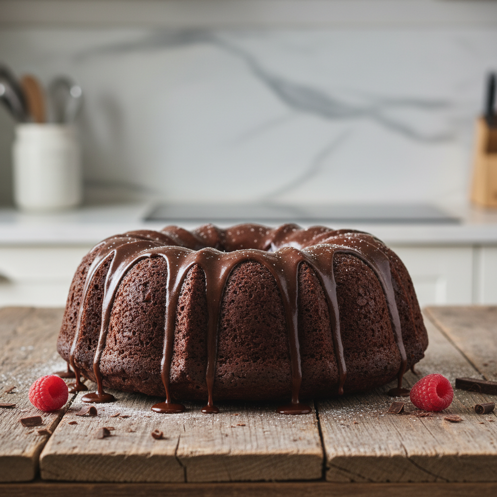 An array of fresh ingredients laid out on a kitchen counter including all-purpose flour, cocoa powder, eggs, butter, buttermilk, coffee, and chopped semi-sweet chocolate for ganache.