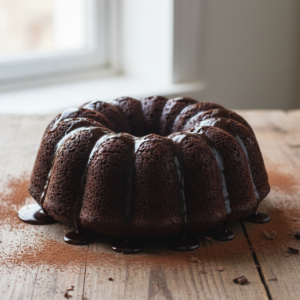 A beautifully moist and fudgy chocolate bundt cake with glossy ganache topping on a rustic wooden table, highlighting the rich texture and bundt shape.