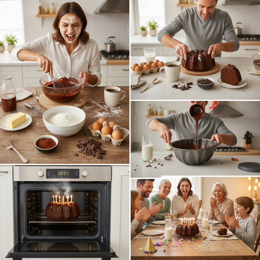 A joyful family celebration scene featuring a chocolate bundt cake as the centerpiece dessert on a decorated table surrounded by happy family members.