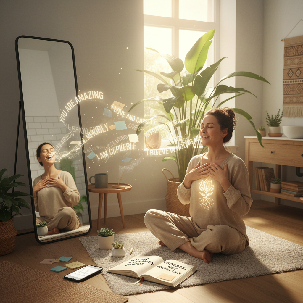 A collage of sample self care affirmations written on sticky notes, open journals, and digital reminders, highlighting practical tools to boost confidence.