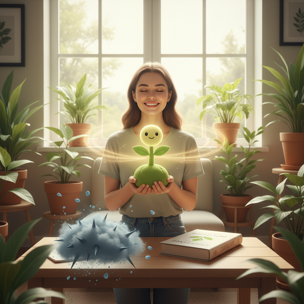 A calm and empowered individual meditating or engaging in self care, surrounded by symbols of growth like plants or sunlight, representing the link between self care and genuine confidence.