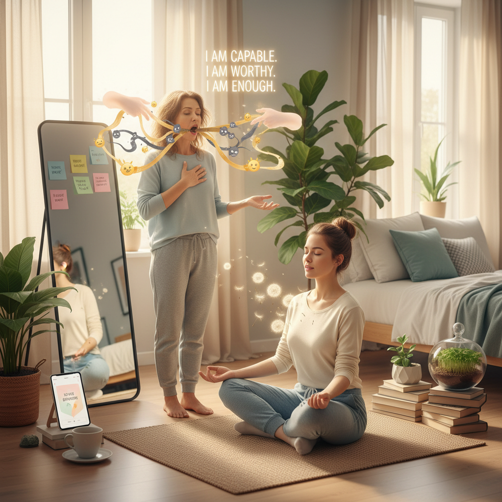 Illustration of a person transforming a harsh inner critic voice into a kind, encouraging inner voice, symbolizing the psychological impact of self care affirmations on confidence.