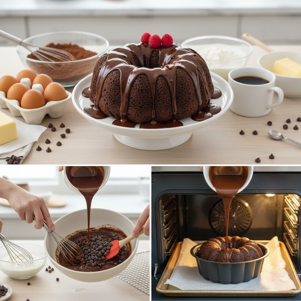 An array of baking ingredients neatly arranged on a kitchen counter, including Dutch-processed cocoa powder, all-purpose flour, eggs, butter, sour cream, and a cup of hot brewed coffee.