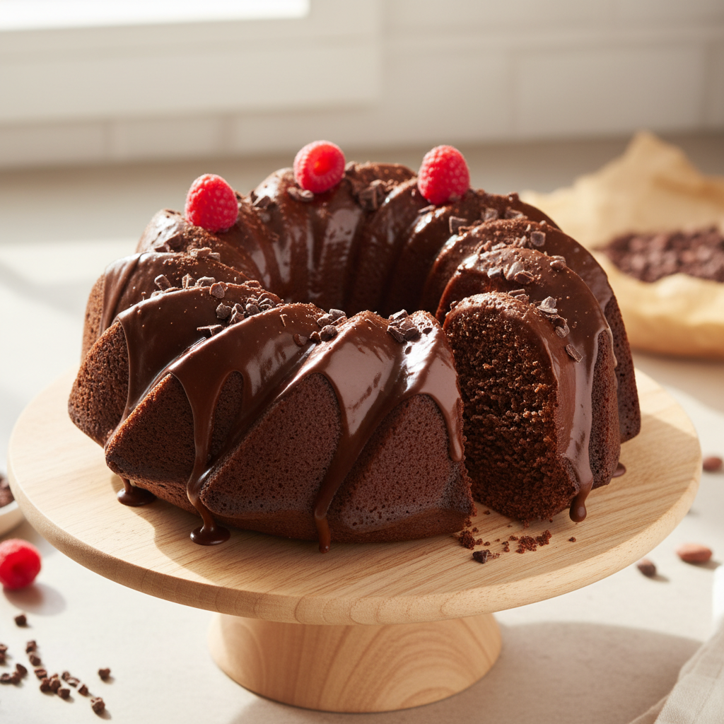 A beautifully decorated chocolate bundt cake with a shiny chocolate ganache drizzle on top, showcasing its elegant swirly shape and moist texture.