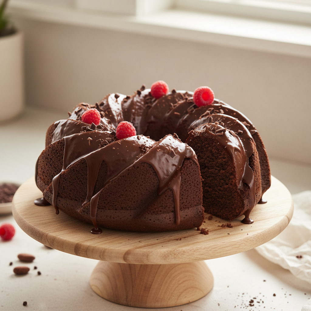 Step-by-step baking process images: mixing dry and wet ingredients in separate bowls, folding chocolate chips into the batter, pouring batter into a greased bundt pan, and the cake baking in the oven.