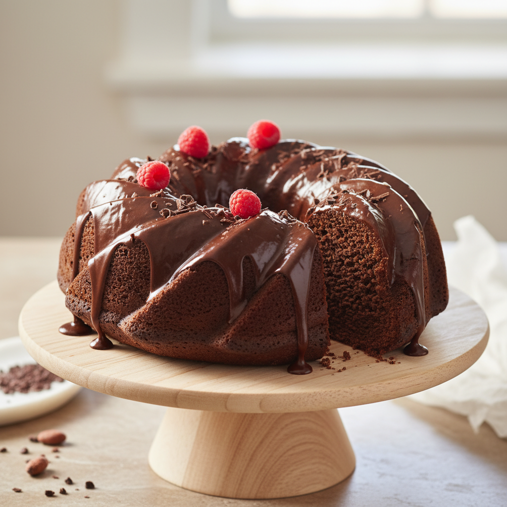 A close-up of pouring warm, glossy chocolate ganache over the cooled chocolate bundt cake, highlighting the shiny finish and rich texture.