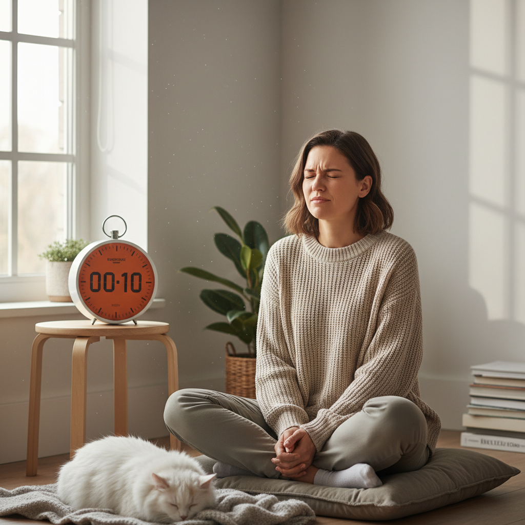 A person sitting comfortably in a cozy, quiet spot with a timer beside them, eyes closed and focusing on their breath, illustrating the 10-minute mindfulness meditation practice.