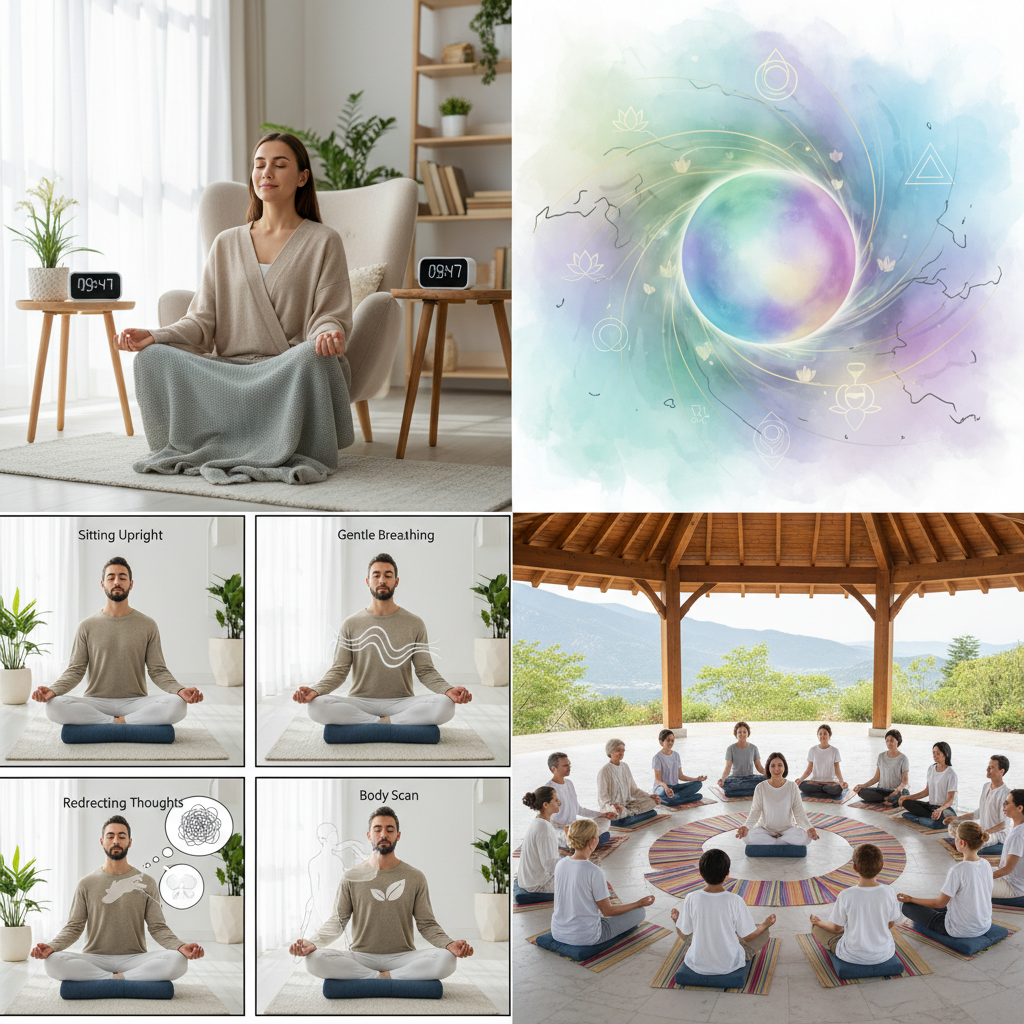 A diverse group of people from different cultures and ages practicing mindfulness meditation, showing its cultural relevance and emotional benefits as a global mental health tool.