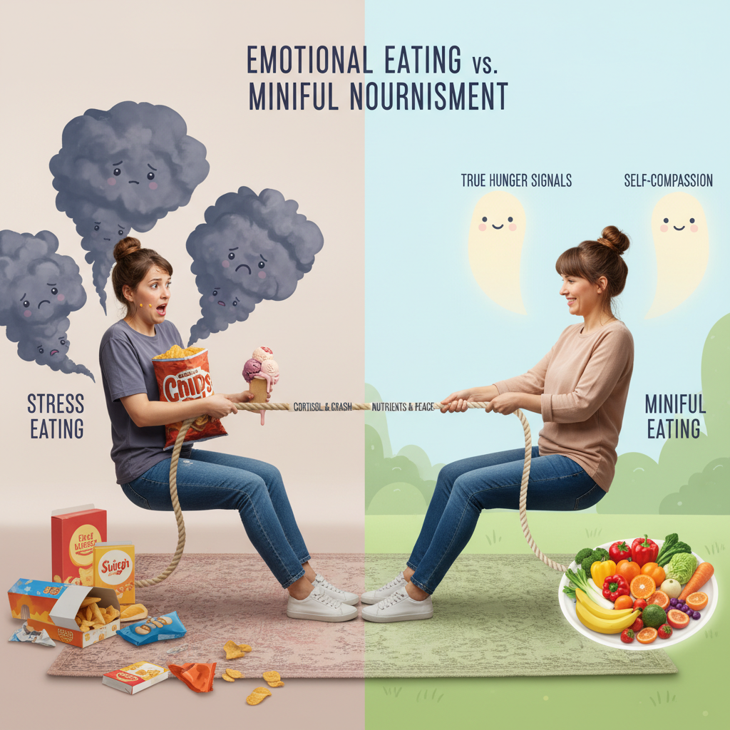 A serene scene of mindful eating: a person slowly savoring a healthy meal, appreciating textures and flavors, surrounded by a peaceful atmosphere.