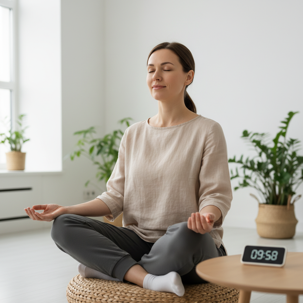 A step-by-step visual guide showing a person preparing to meditate: sitting upright, setting a timer, closing eyes and breathing, noticing wandering thoughts, gently refocusing, and then slowly opening eyes.
