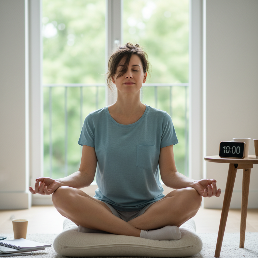 A cozy meditation setup showing a cushion, a timer or phone set for 10 minutes, in a peaceful, uncluttered corner of a home.