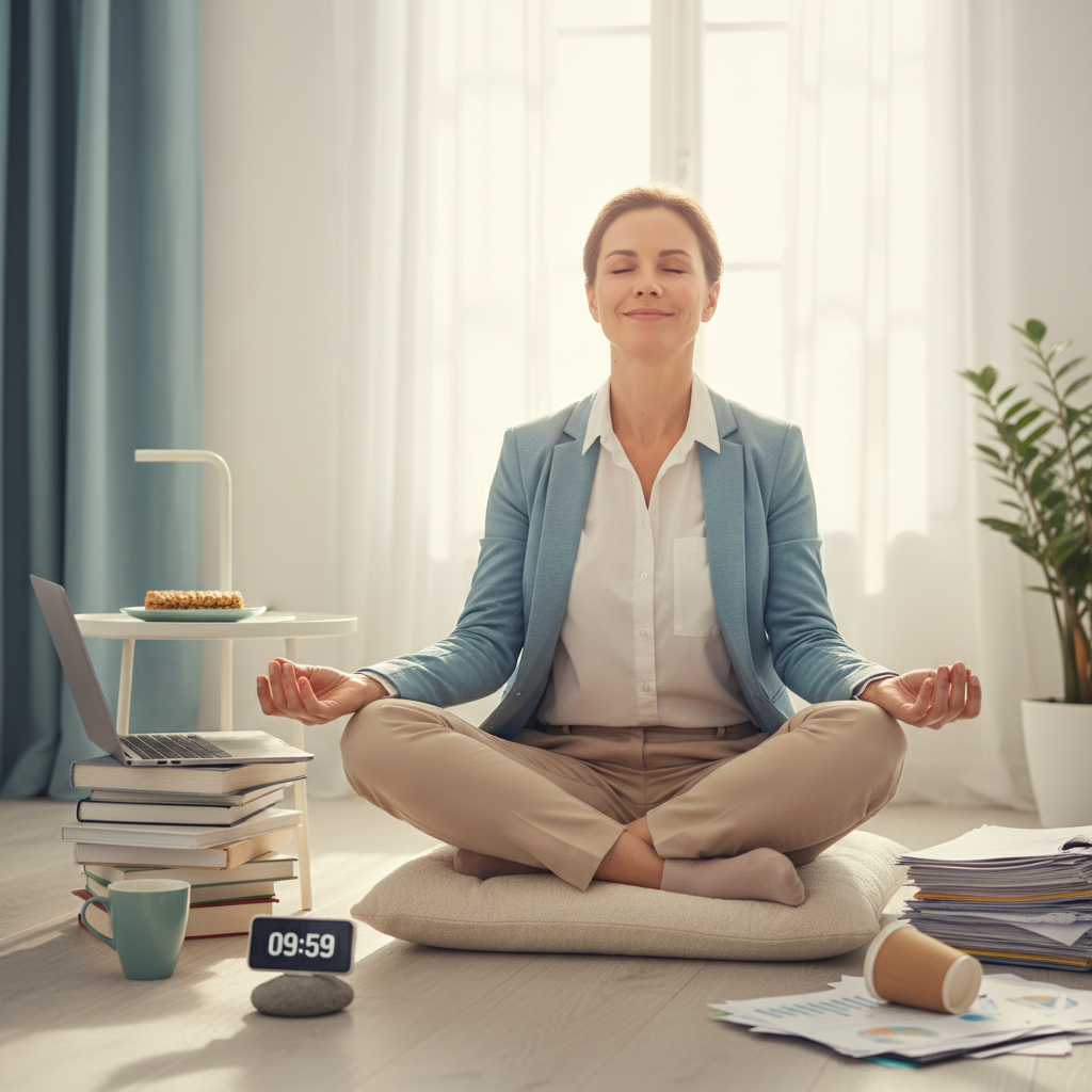 An infographic-style image illustrating the benefits of mindfulness meditation: stress reduction, improved focus, emotional balance, better sleep, and boosted happiness, with calming colors and icons.
