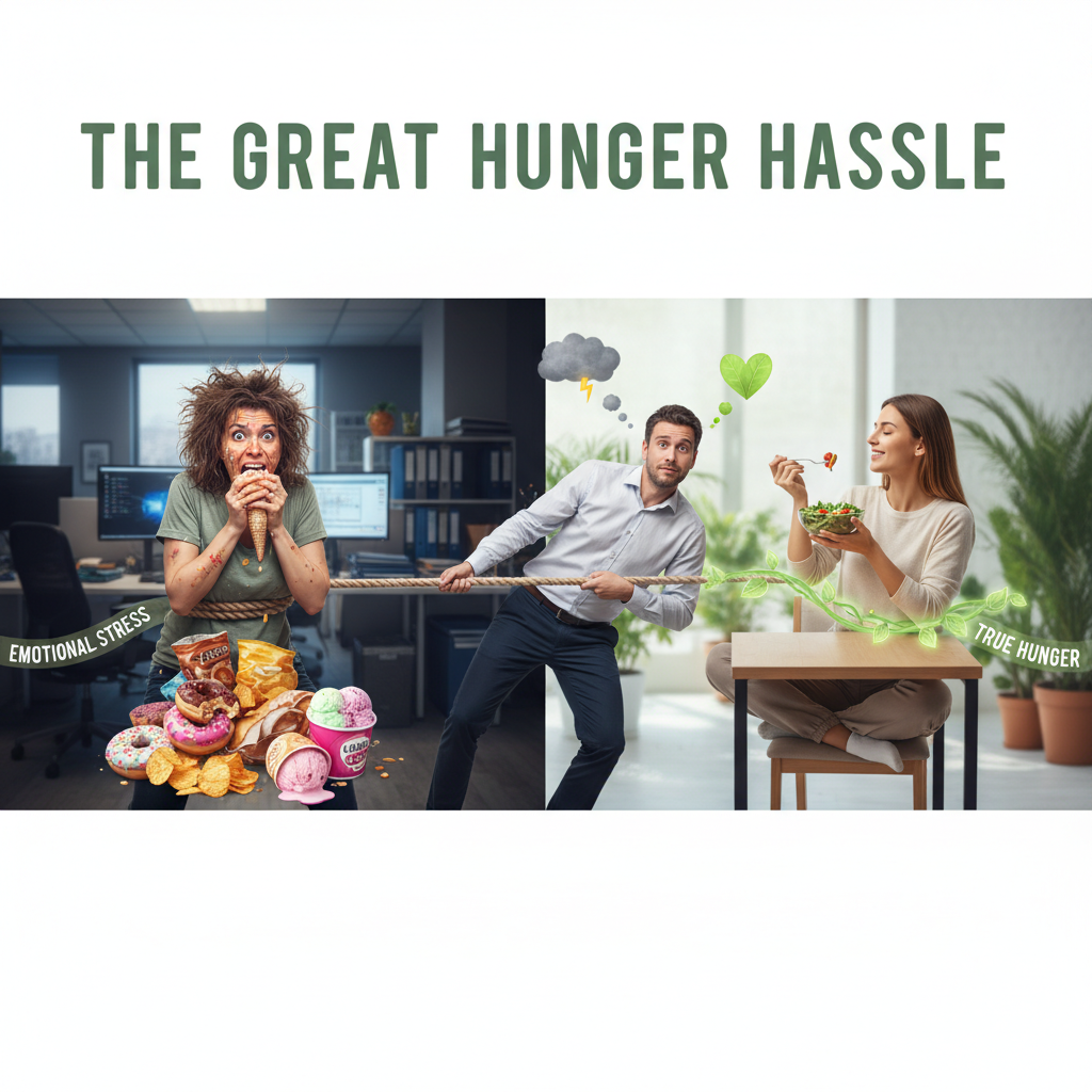 A step-by-step infographic or visual guide showing how to stop stress eating and practice mindful eating, including steps like identifying triggers, pausing to breathe, engaging senses, and practicing self-compassion.