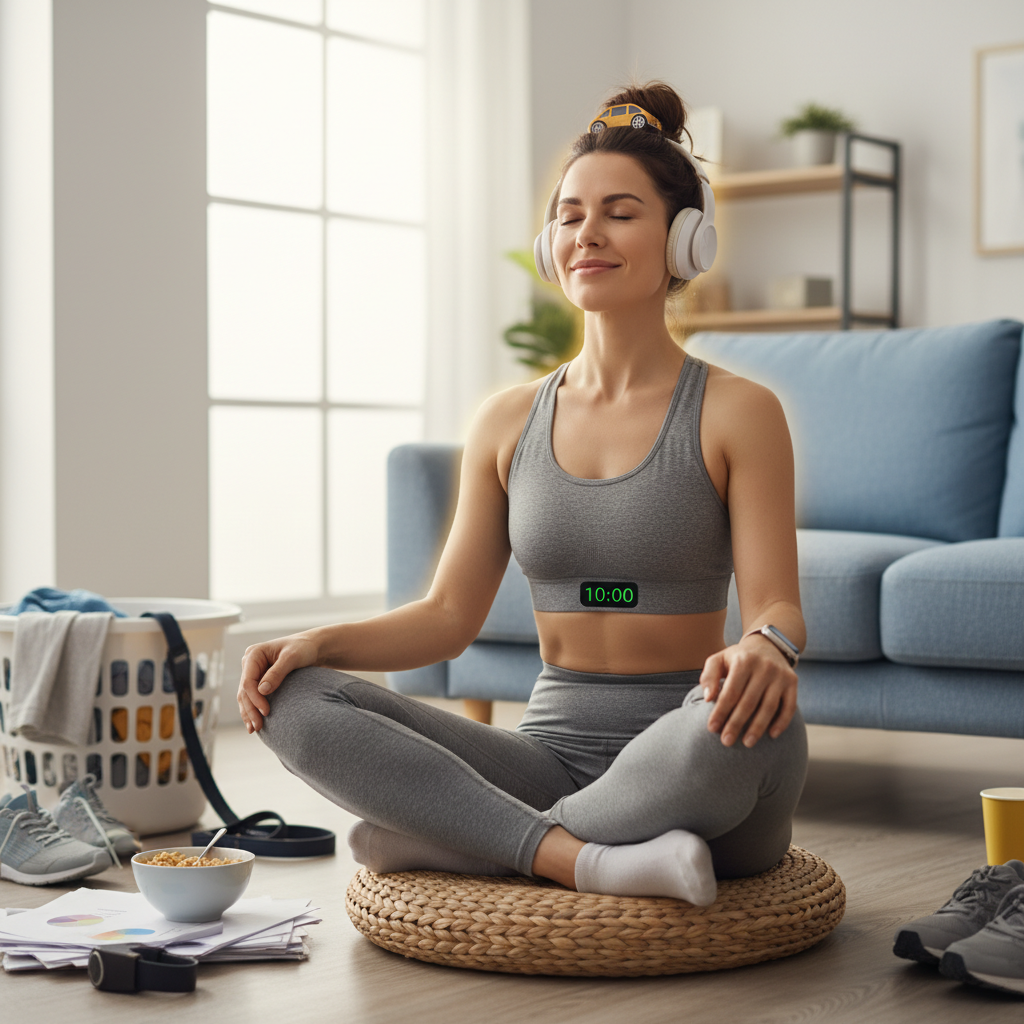 A busy person sitting cross-legged on a cushion in a quiet room, eyes closed, practicing 10-minute mindfulness meditation with a calm and focused expression.