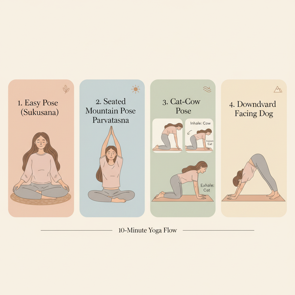 Step-by-step sequence showing key yoga poses from the routine: Easy Pose, Seated Mountain Pose, Cat-Cow Pose, and Downward Facing Dog, with a gentle style and soothing colors.