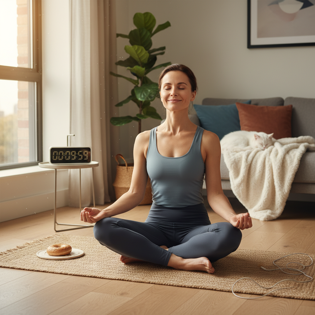 Illustration of a person practicing a 10-minute yoga routine, sitting in Easy Pose (Sukhasana) in a calm, cozy room setting with yoga mat and natural light.