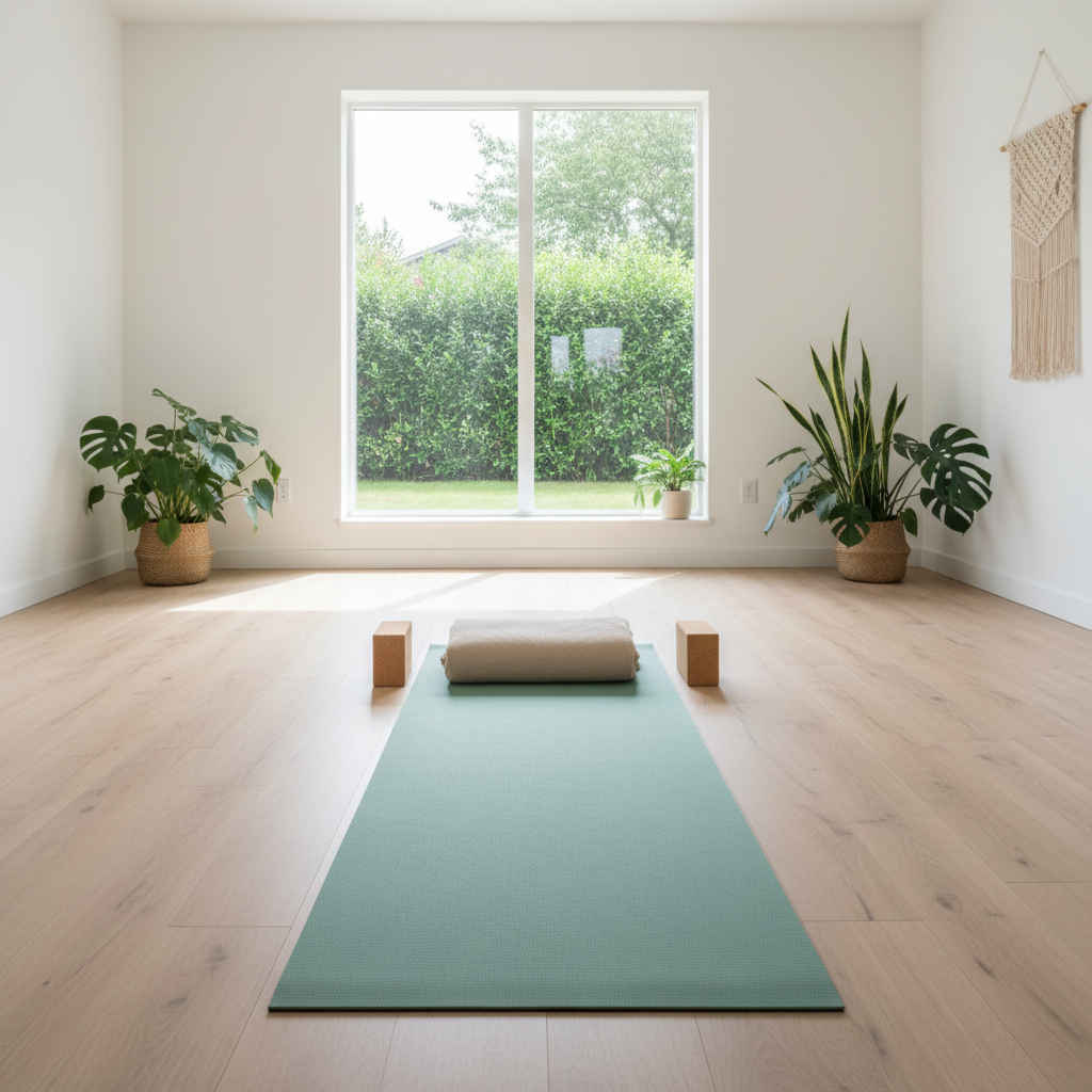 A helpful graphic or image showing yoga tips for beginners, including breathing techniques, use of props like blocks and blankets, and modifications to poses.