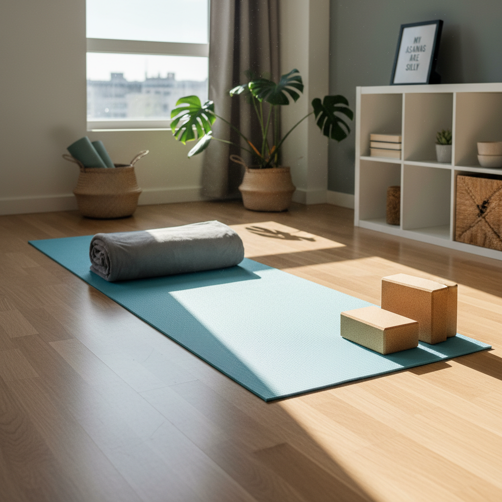 A calm and inviting yoga space highlighting a rolled out yoga mat ready for a beginner’s 10-minute routine, with soft natural lighting.