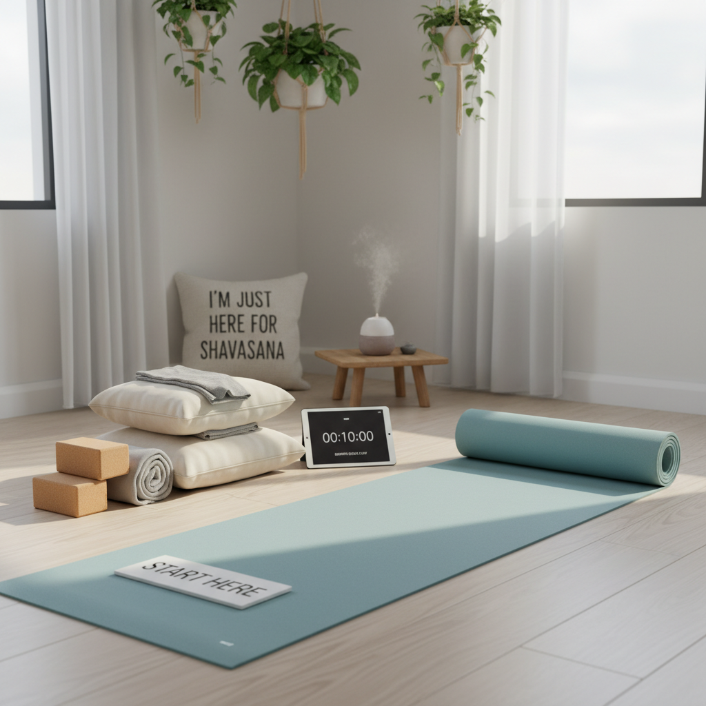 A lifestyle image depicting someone integrating a short yoga session into their daily routine, such as practicing yoga in a cozy living room or during a mid-day break with elements of relaxation and mindfulness.