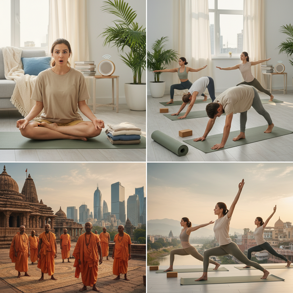 A beginner-friendly yoga session showing a person in Easy Pose (Sukhasana) seated cross-legged on a yoga mat in a calm, cozy room with natural light.