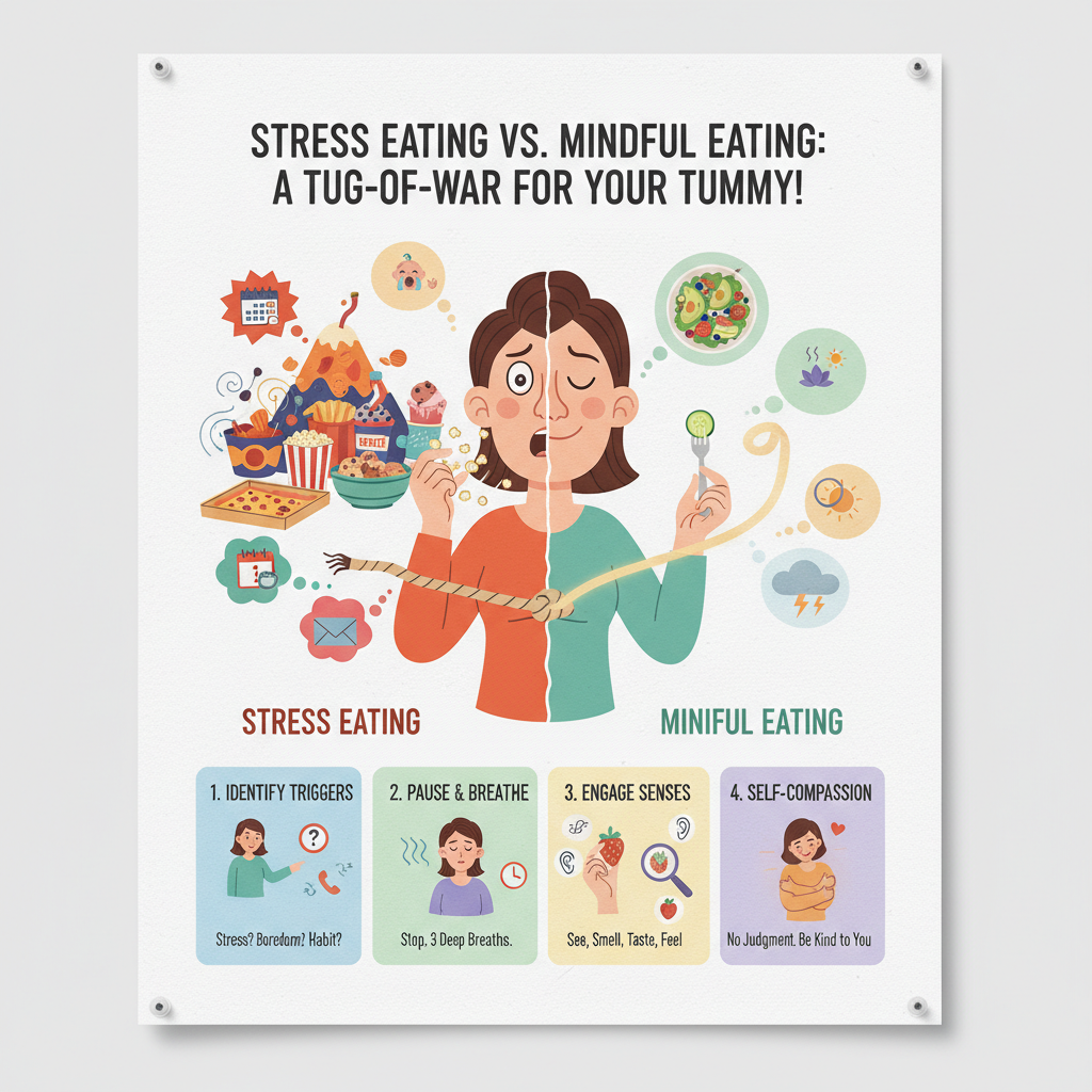 An illustration showing a person caught in a tug-of-war between emotional stress and true hunger signals, depicting stress eating versus mindful eating.