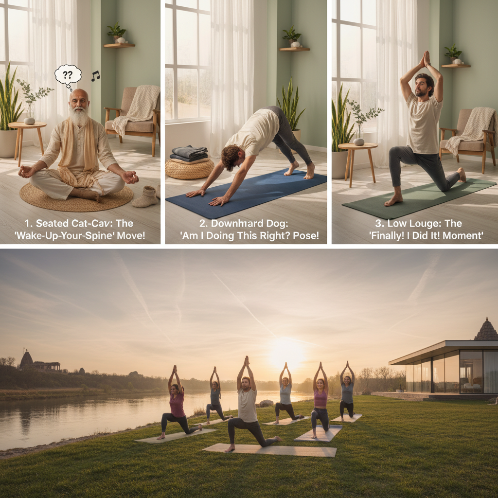 A series of beginner yoga poses from the 10-minute flow such as Seated Cat-Cow Stretch, Downward Dog, and Low Lunge demonstrated by a beginner yogi in a bright, peaceful environment.