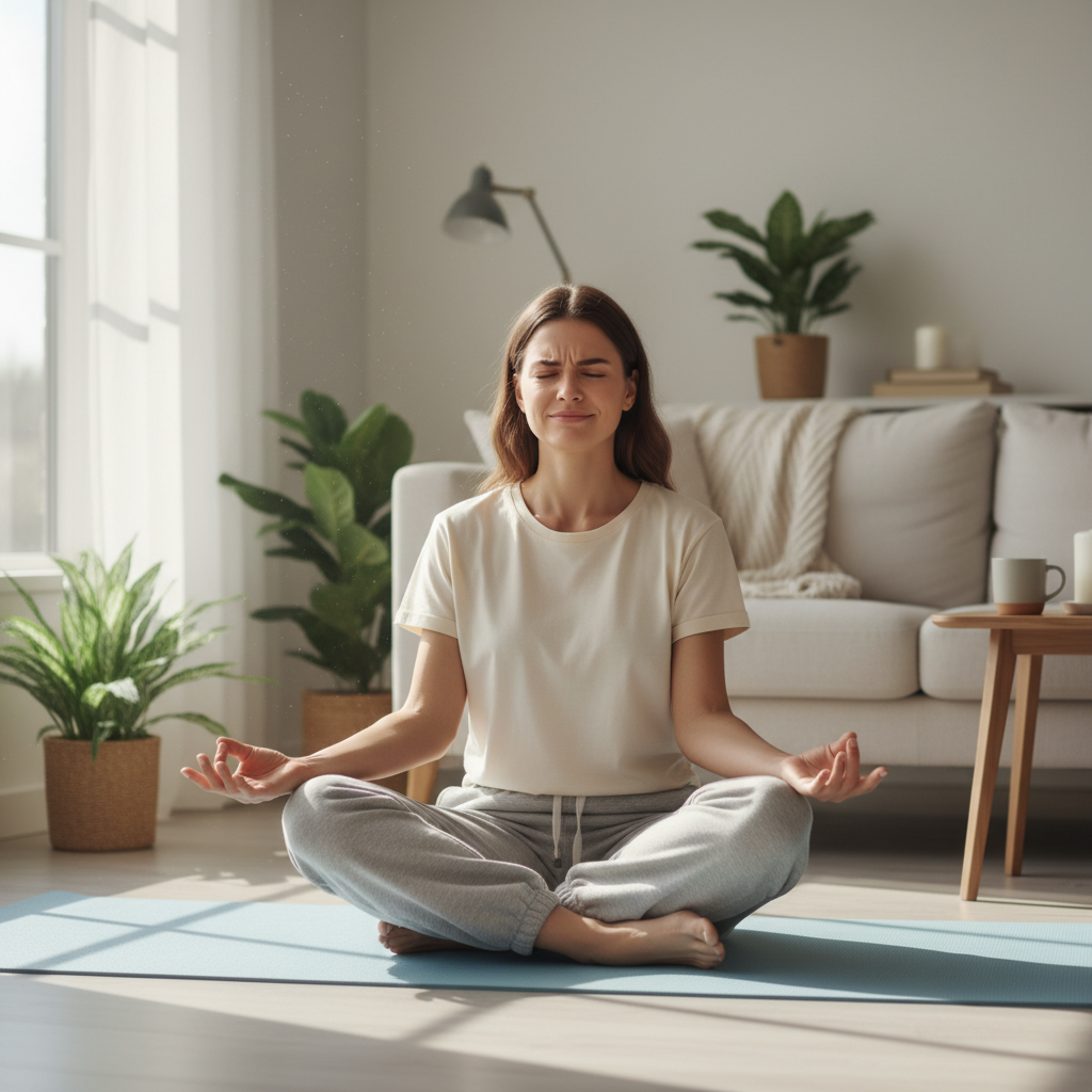 A simple set-up for a quick yoga session including a yoga mat, comfortable clothing, and optional calming background elements like a speaker playing soft music or nature sounds.