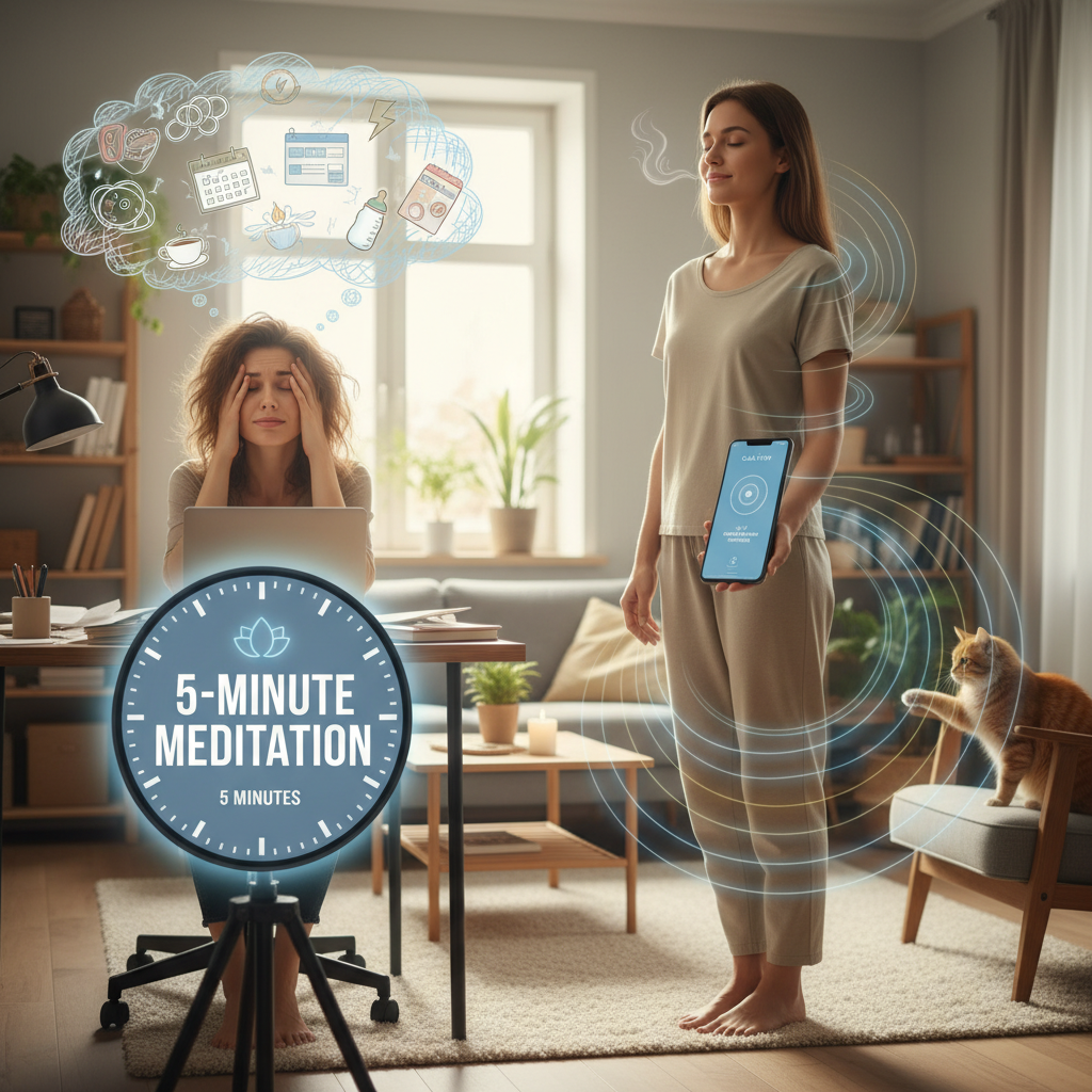 An overwhelmed person surrounded by chaotic thoughts and a clock showing 5 minutes to represent the concept of a quick, effective 5-minute meditation for stress relief.