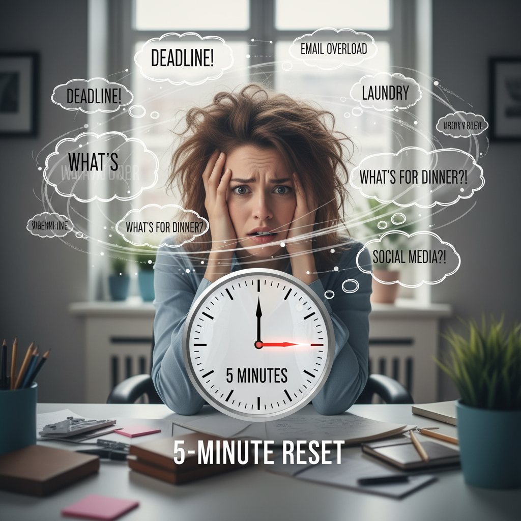 A person sitting comfortably in a simple meditation pose at a desk or casual setting, eyes closed, calmly breathing to illustrate how to meditate without complicated yoga poses.