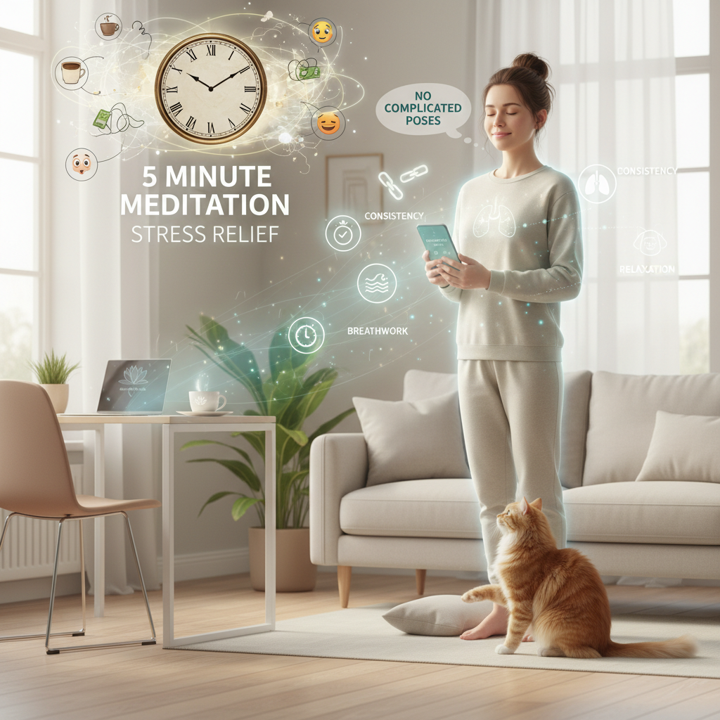 A calm, focused individual using a meditation app on their phone, with symbols representing consistency, rituals, and relaxation techniques like diaphragmatic breathing.