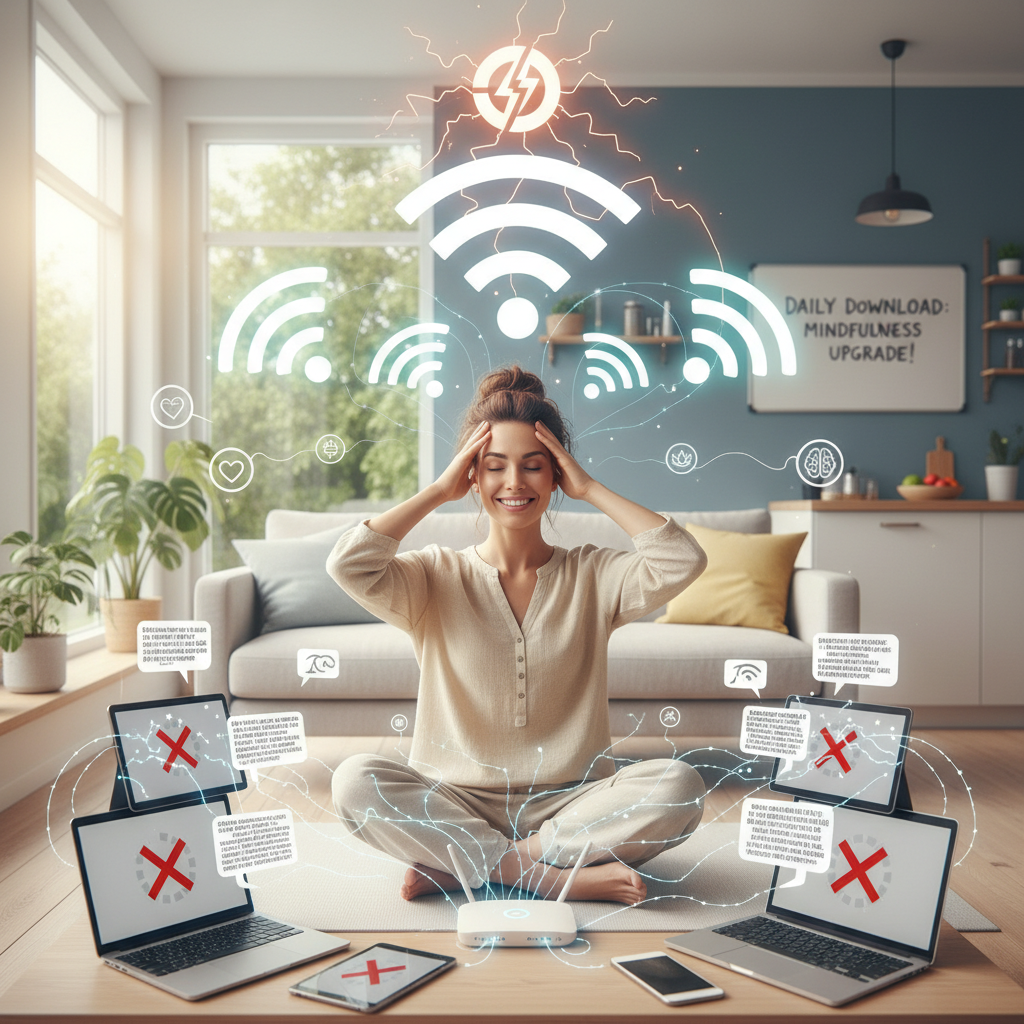 Person smiling with strong Wi-Fi signal indicating calm and connected mind