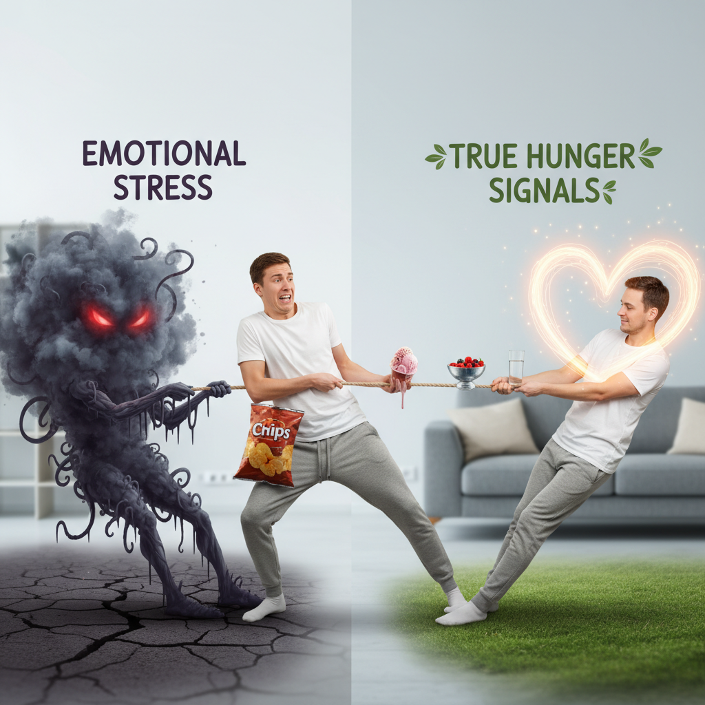 A depiction of stress eating: a person rapidly eating comfort foods like sugary, salty, or fatty snacks with a stressed or anxious expression.