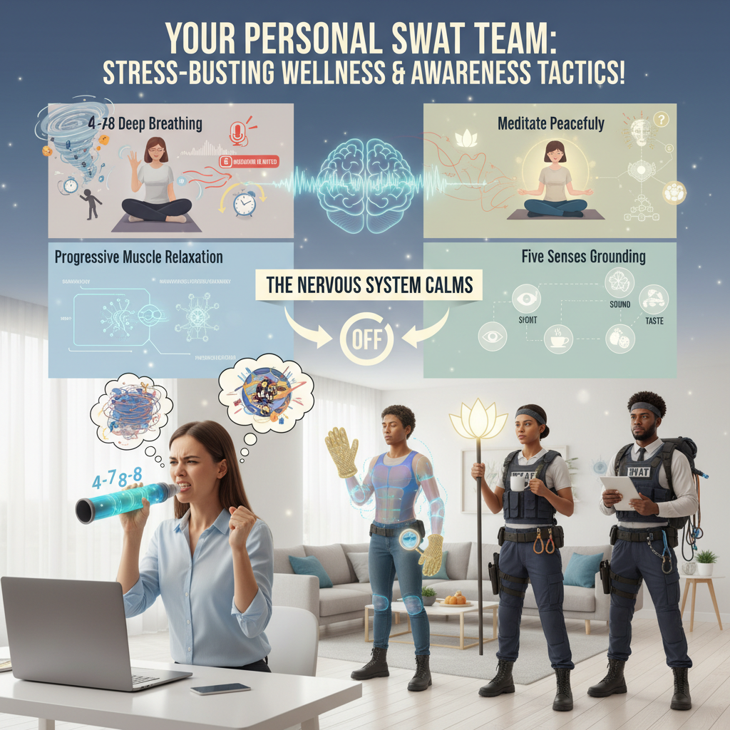 Creative image of a personalized 'SWAT team' of anxiety management tools combining deep breathing, grounding, and meditation methods