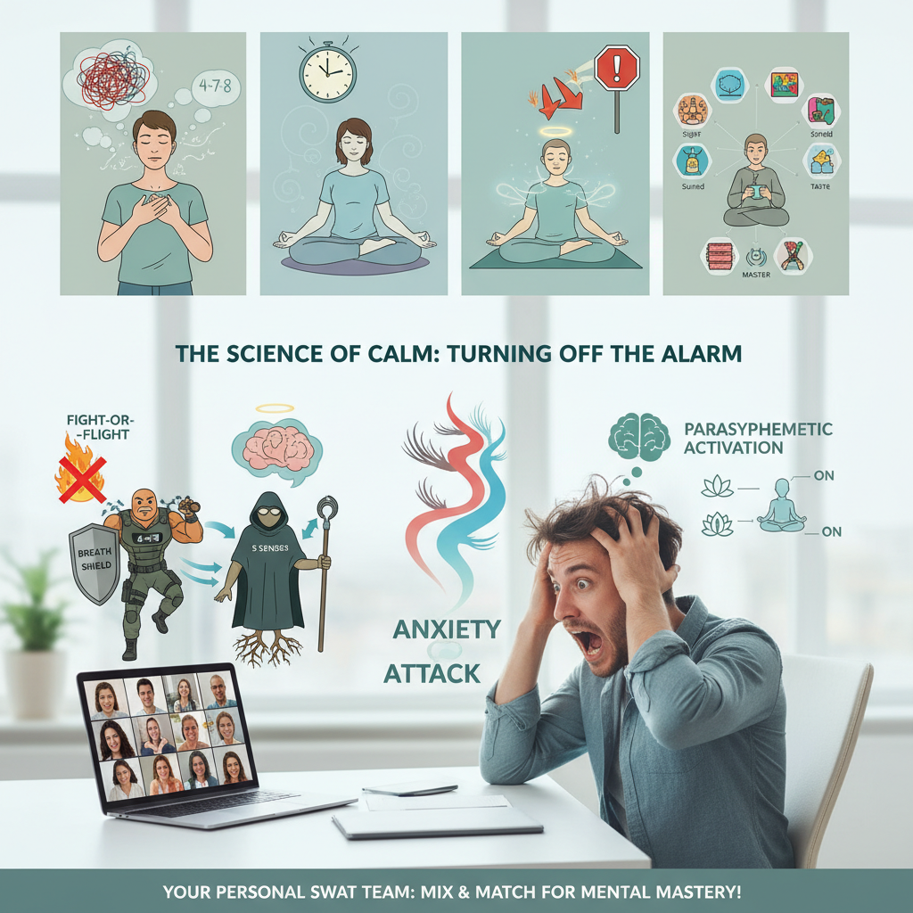 Graphic showing the nervous system calming down and the fight-or-flight response being turned off with brainwaves and mindfulness icons