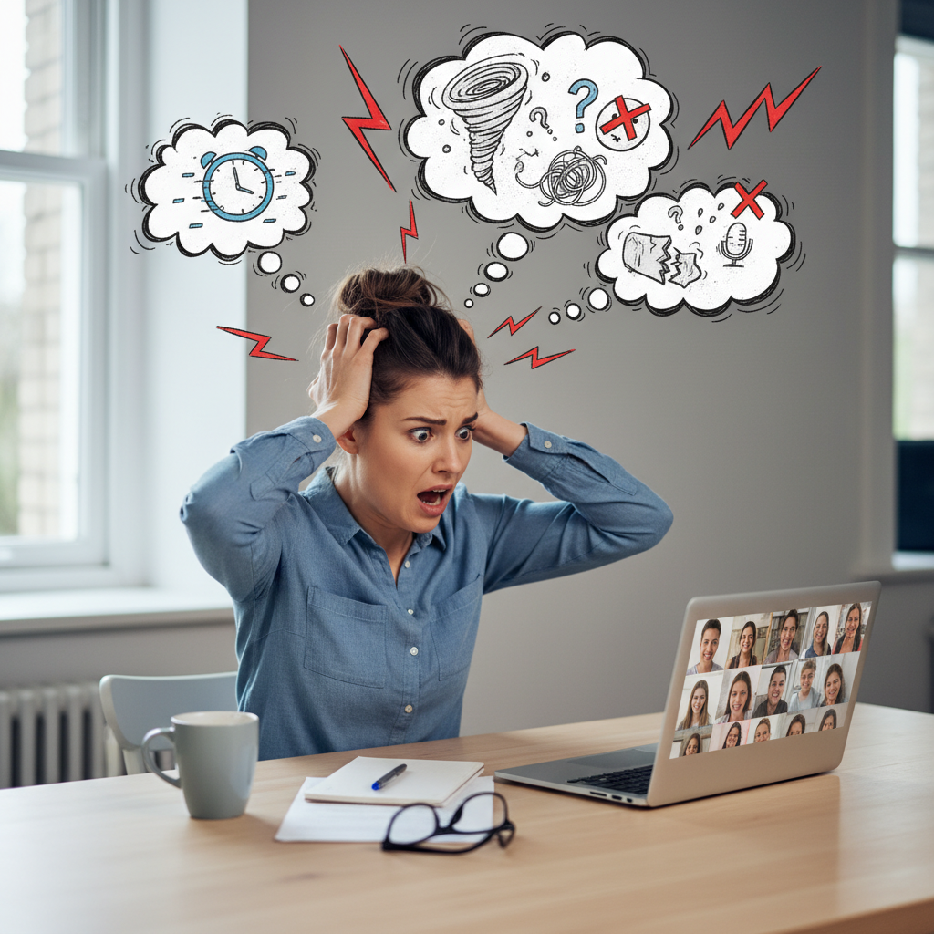 Illustration of a person experiencing anxiety before a Zoom call, with thought bubbles showing a chaotic mind and stress signals
