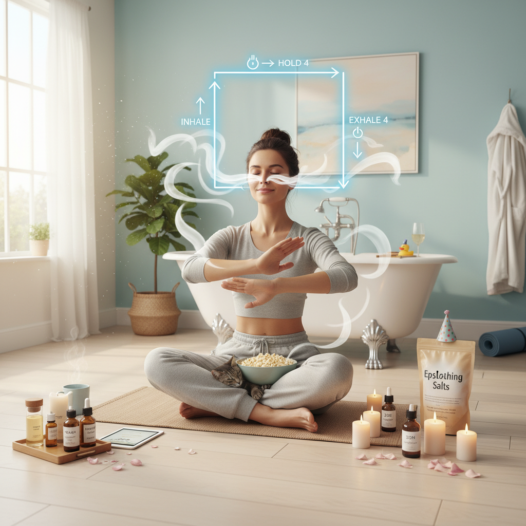 An illustration or photo of a person practicing deep breathing exercises using the box breathing technique, with a calm background emphasizing breath and mindfulness.