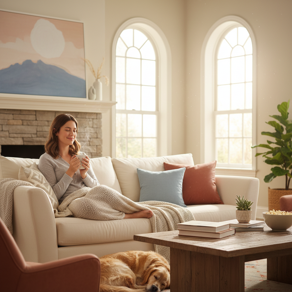 A calm indoor yoga or Tai Chi session with a person performing gentle poses or movements in a bright, clutter-free space to illustrate gentle movement and relaxation.