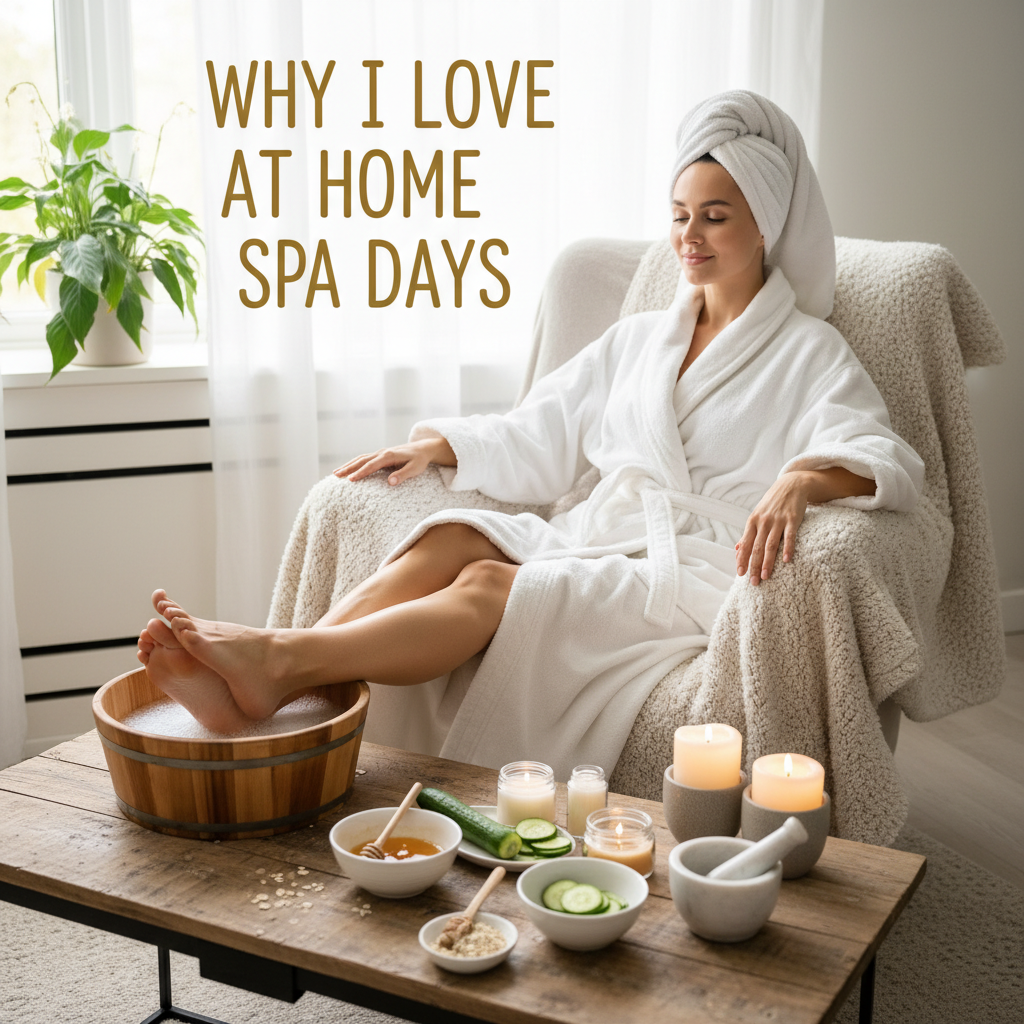 A cozy home spa setting with a person wearing a fluffy robe, honey and oatmeal ingredients on a table, soft lighting