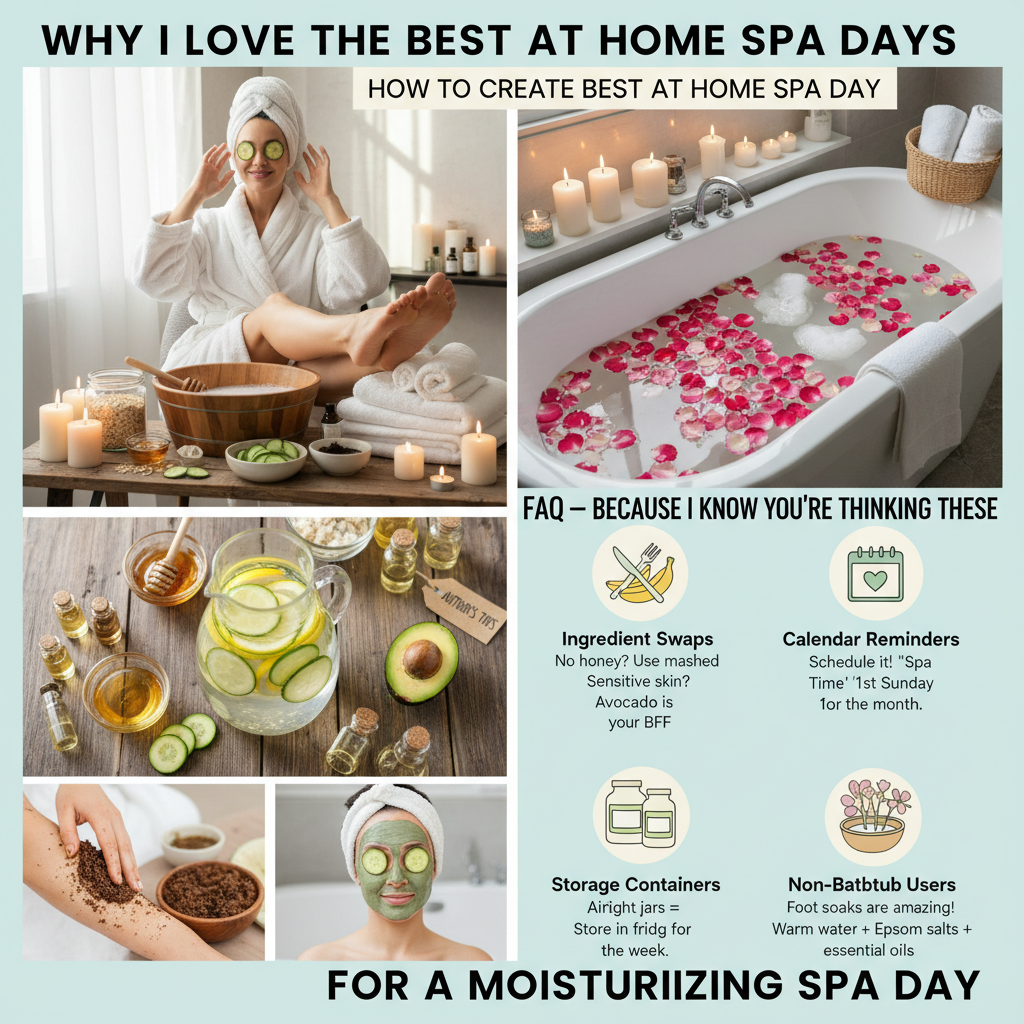 Collage of dimmed lights with scented candles, bathtub with rose petals and Epsom salts, homemade coffee scrub, person applying a facial mask