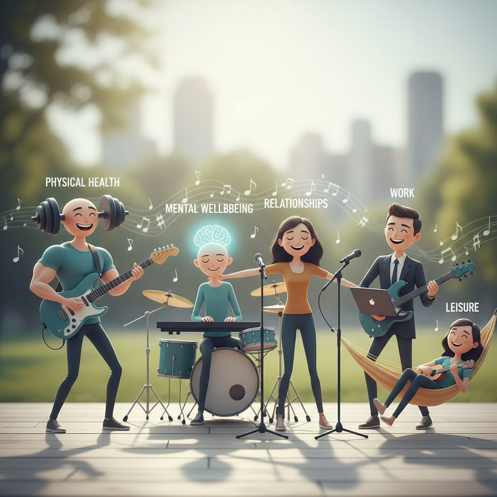 Illustration representing a balanced lifestyle showing harmony between physical health, mental wellbeing, relationships, work, and leisure, symbolized as different band members playing together.