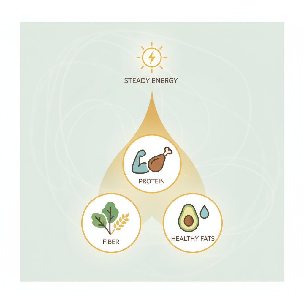 An illustration showing the concept of balanced snacks providing steady energy, featuring icons or images representing protein, fiber, and healthy fats together in a harmonious design.