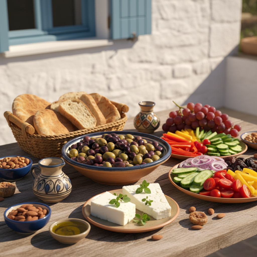 A detailed infographic or visual breakdown of key components of a balanced snack: protein sources like Greek yogurt and nuts, fiber and whole grains like fruits and oats, and healthy fats like avocado and nut butters.