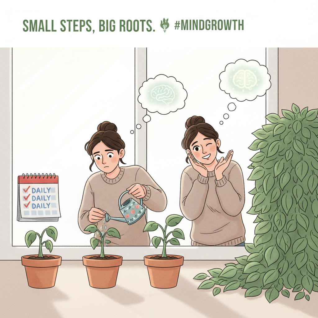 Illustration of a person consistently nurturing a small houseplant, symbolizing why daily habits matter for mental wellness.