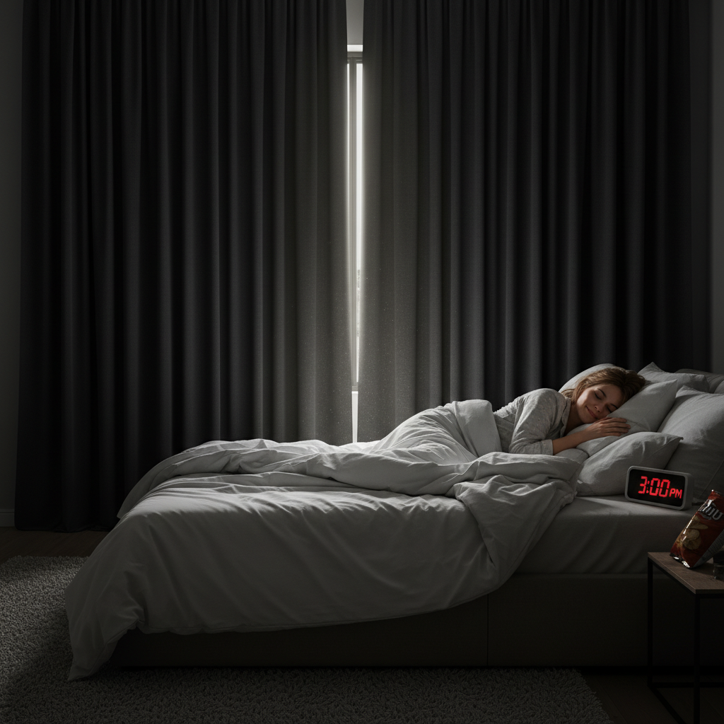 A cozy bedroom with blackout curtains drawn, creating a dark, peaceful environment ideal for quality sleep and comfort.