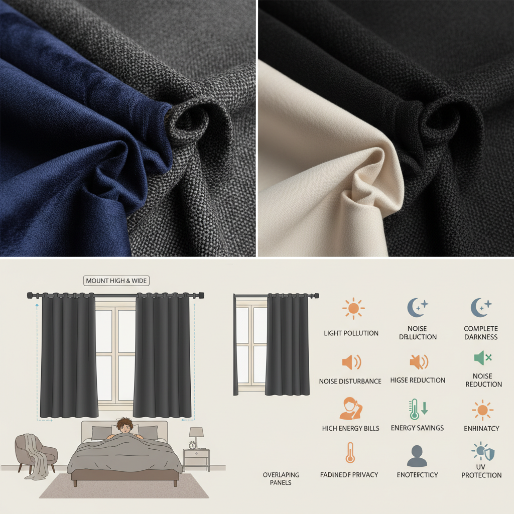 A comparative infographic showing benefits of blackout curtains including light blocking, noise reduction, energy savings, privacy, and protection from UV rays.