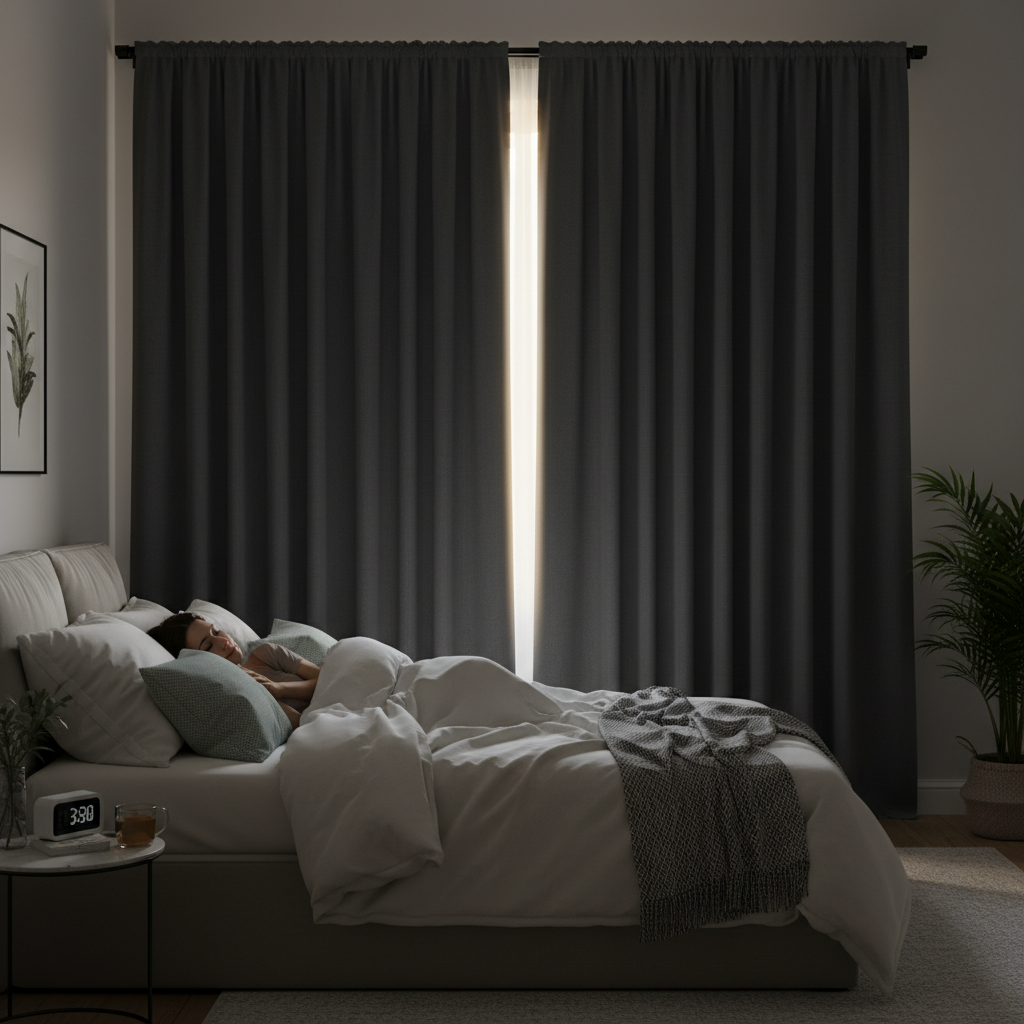 An illustration showing correct installation of blackout curtains: curtain rods mounted higher and wider than the window, with overlapping panels to block light leaks.