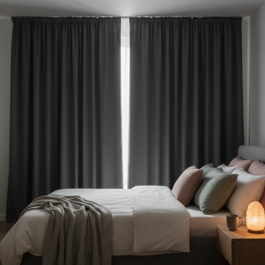 A close-up view of heavyweight blackout curtain fabric textures and materials such as velvet, polyester, and cotton blends, highlighting thickness and lining.