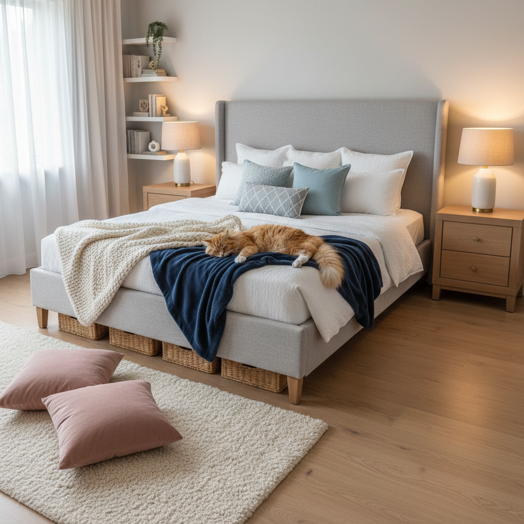 A small but organized bedroom showcasing vertical storage with wall shelves and hooks, alongside under-bed storage drawers or baskets that keep clutter hidden yet accessible, maintaining a tidy and stylish space.